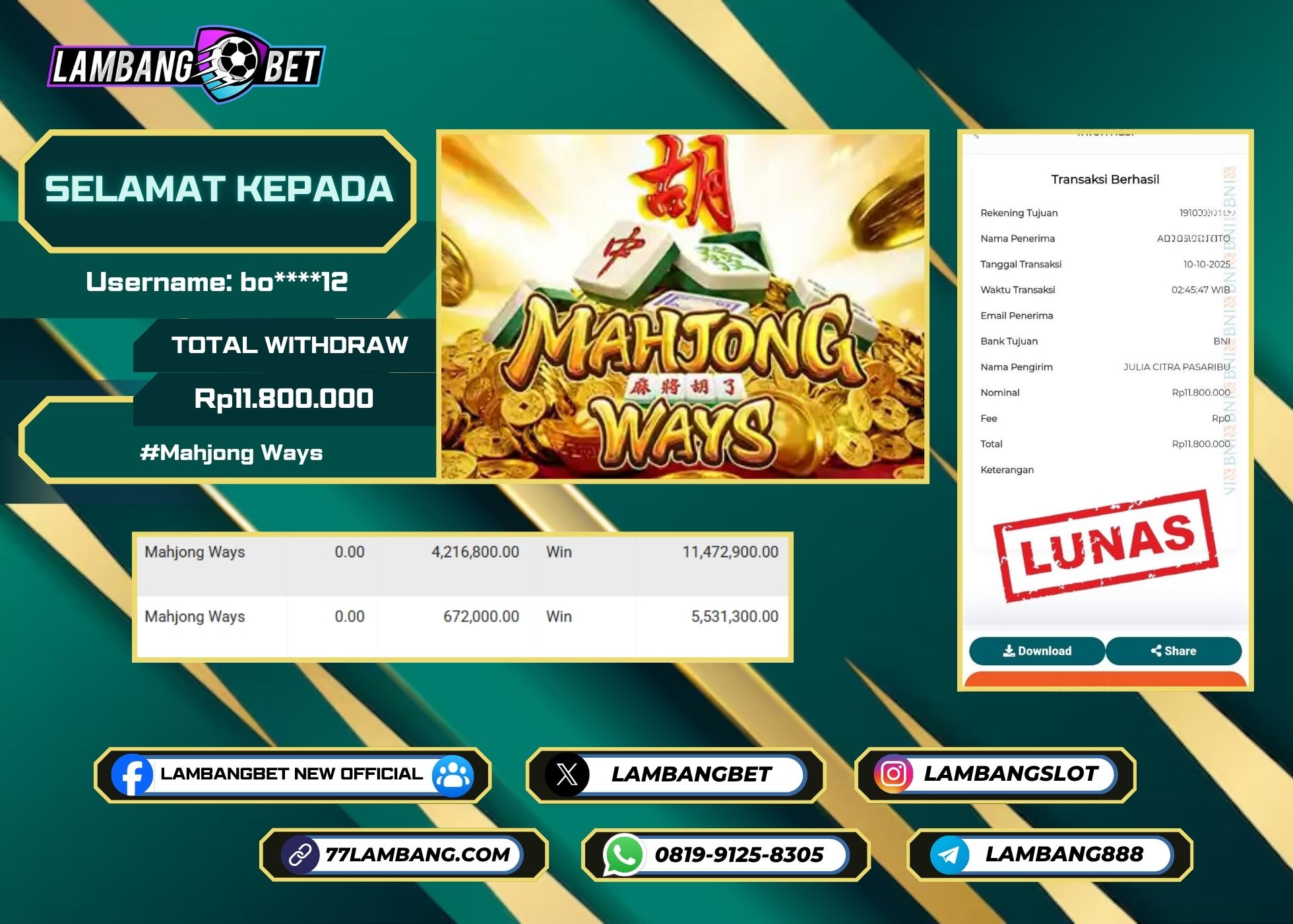 LAMBANGBET [10 OKTOBER 2025] JACKPOT SLOT Mahjong Ways "Rp11.800.000" LUNAS